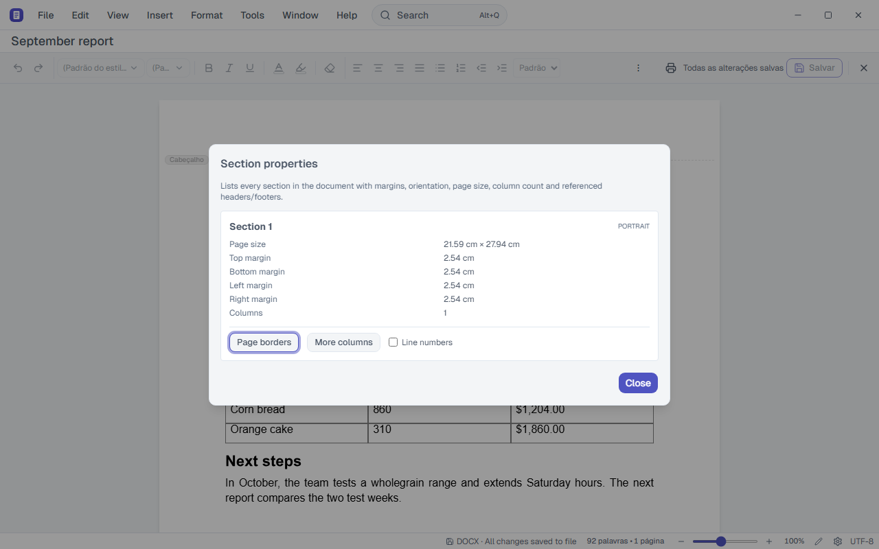 Section properties dialog, with page size, orientation and margins.