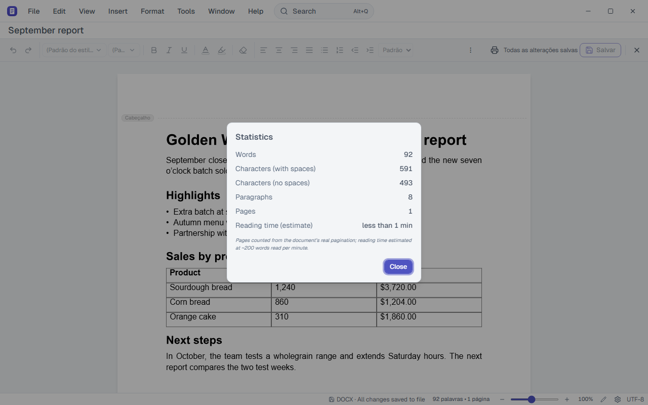 Document statistics dialog with the number of words and pages.