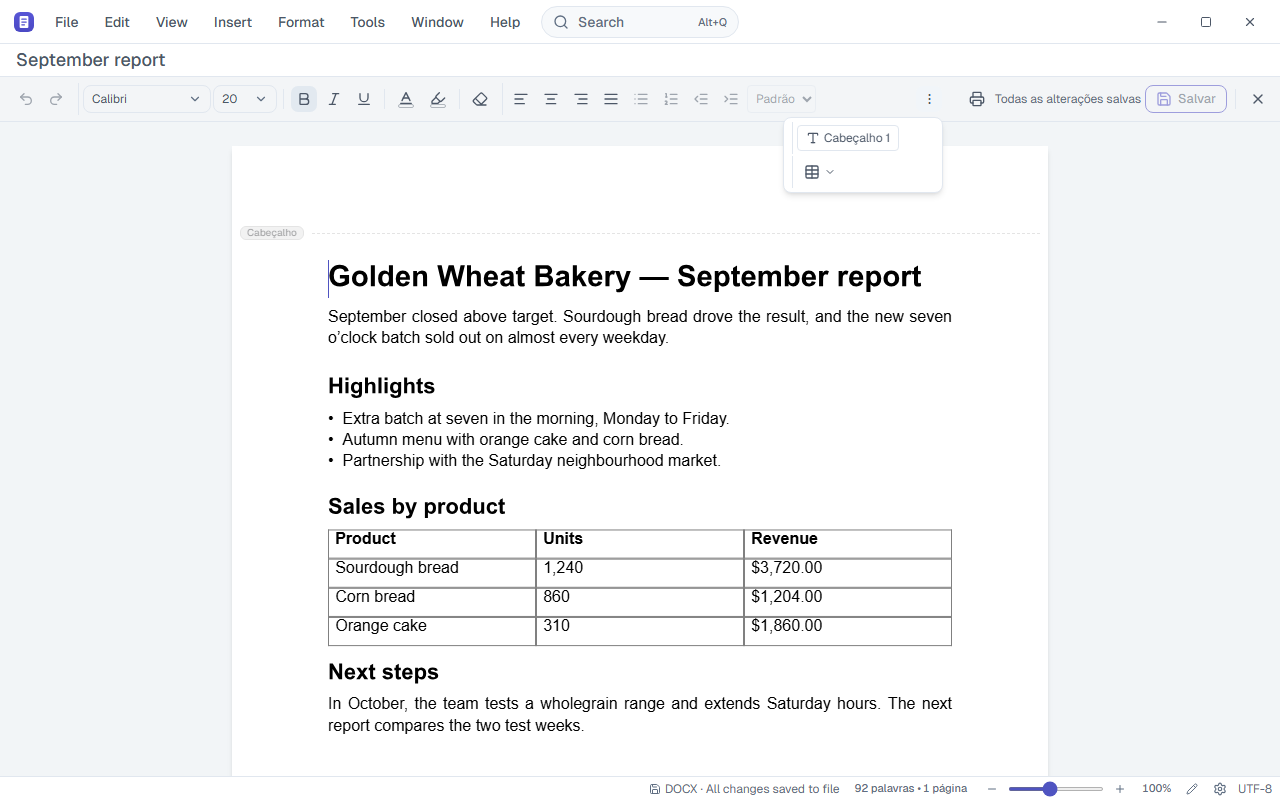 Draft toolbar with the ⋮ menu open, showing the style gallery set to the heading style and the table gallery.