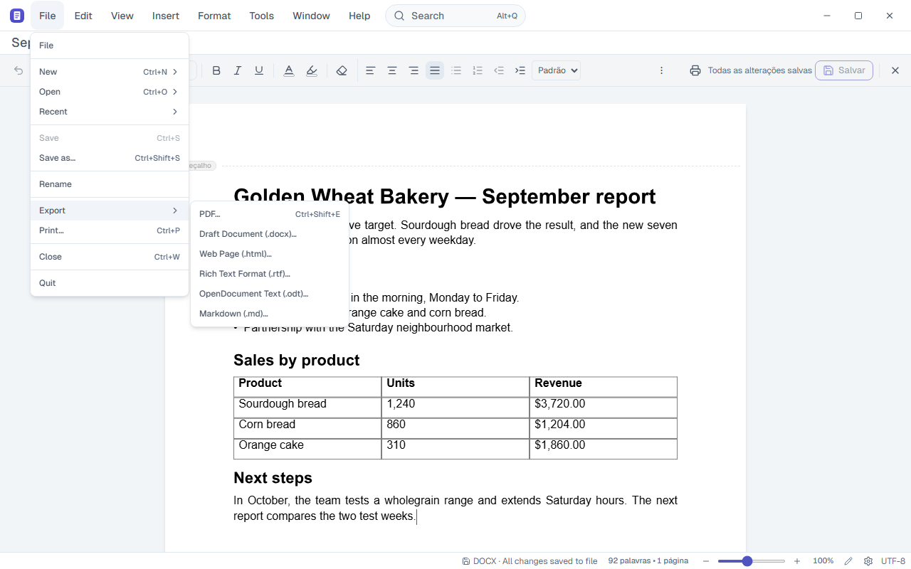 File › Export submenu with PDF, .docx, .html, .rtf, .odt and .md.