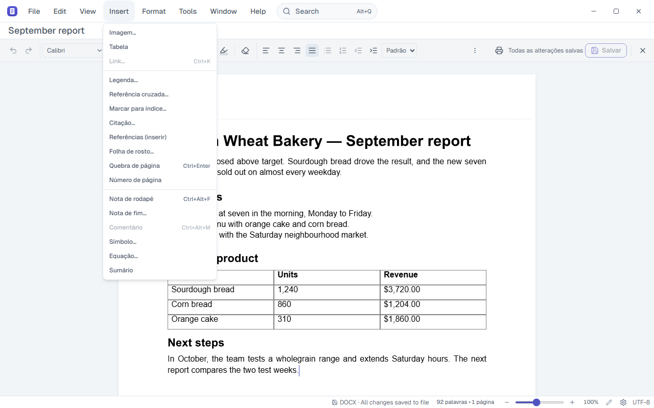 Insert menu open in Draft, with Image, Table, Link, Table of contents, Footnote, Symbol and Equation.