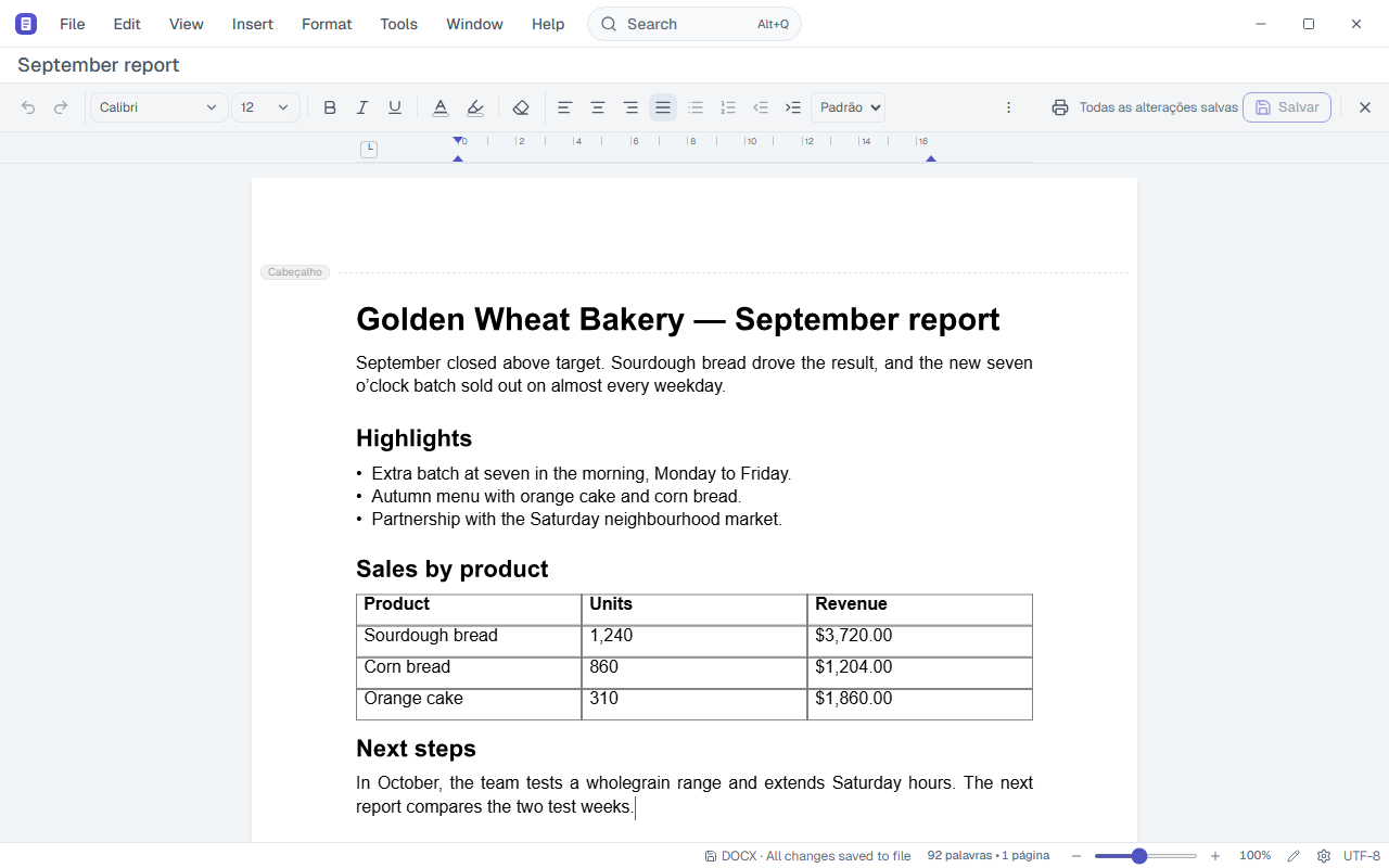 Draft with a report open: formatting toolbar at the top, ruler and page.