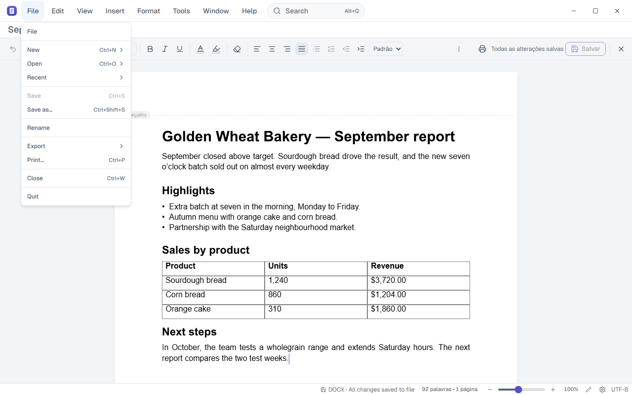 File menu open in Draft, with New, Open, Recent, Save, Export and Print.