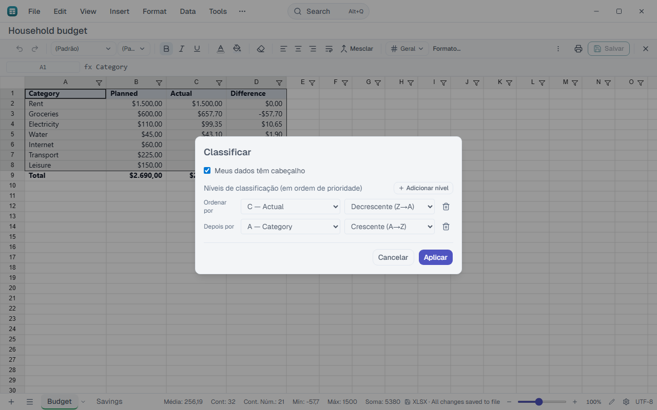 Sort dialog with two sort levels.