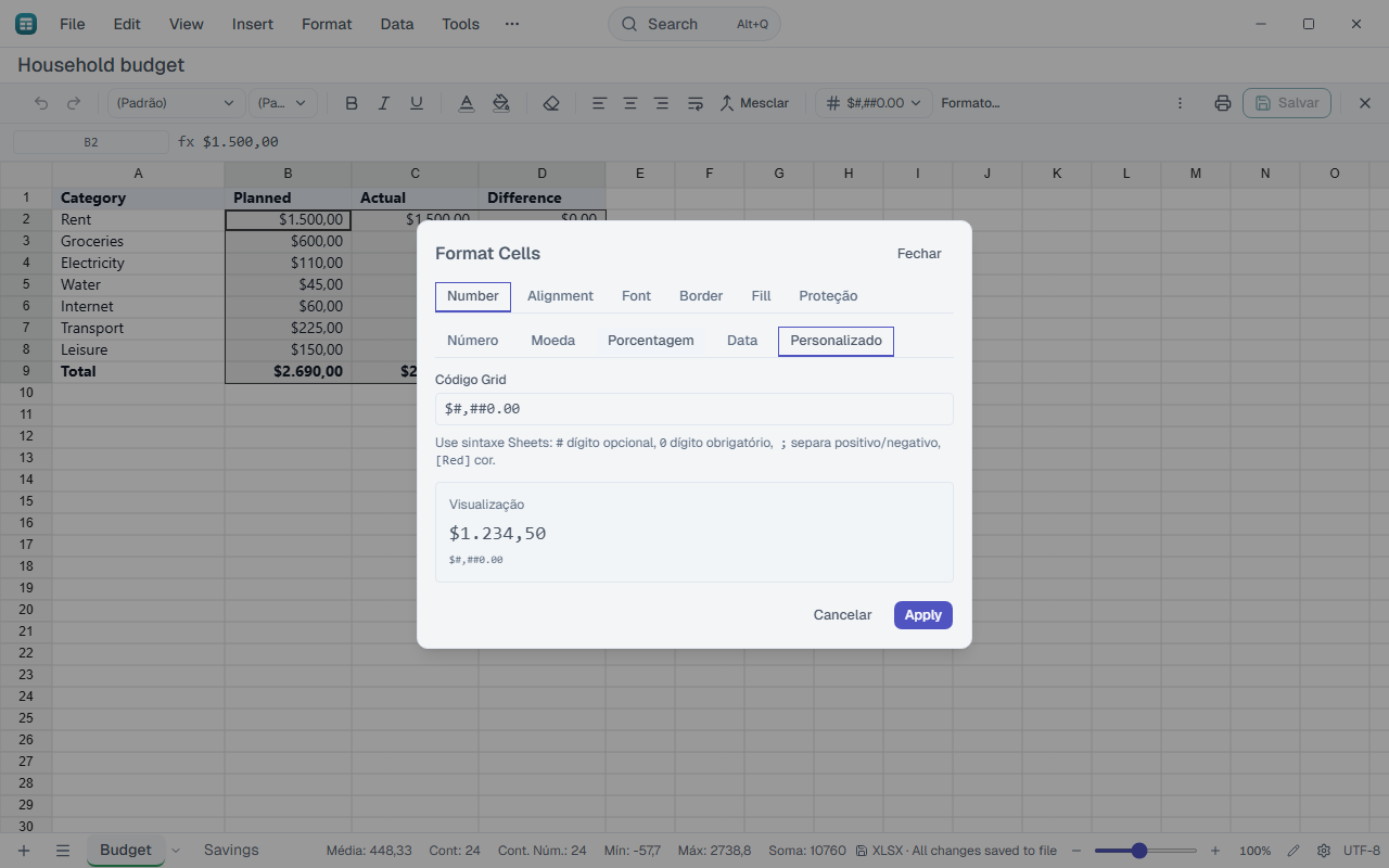 Format Cells dialog with the number tab open.