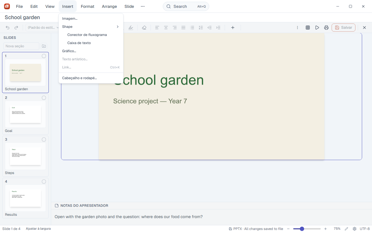 Insert menu open in Deck, with Image, Shape, Text box, Chart and Link.