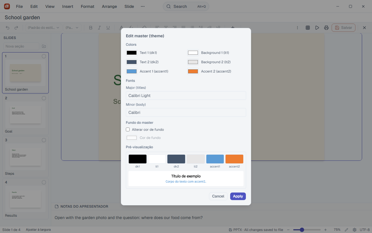 Edit master (theme) dialog with the colours and fonts of the presentation.