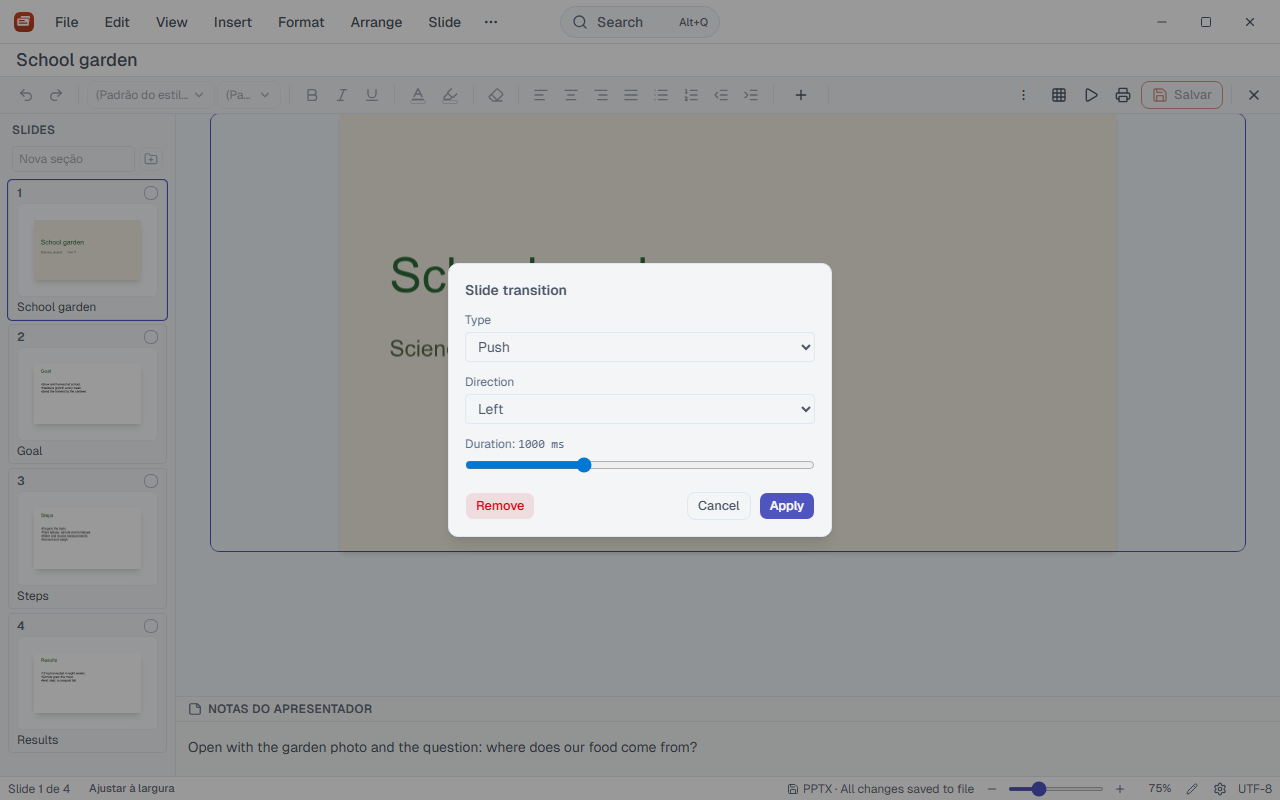 Slide transition dialog with type, direction and duration.