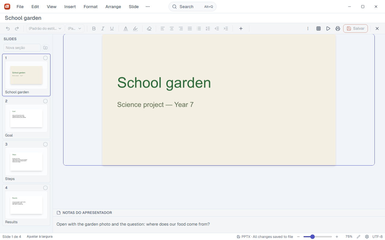 Deck with a presentation open: thumbnails on the left, slide in the centre and notes below.