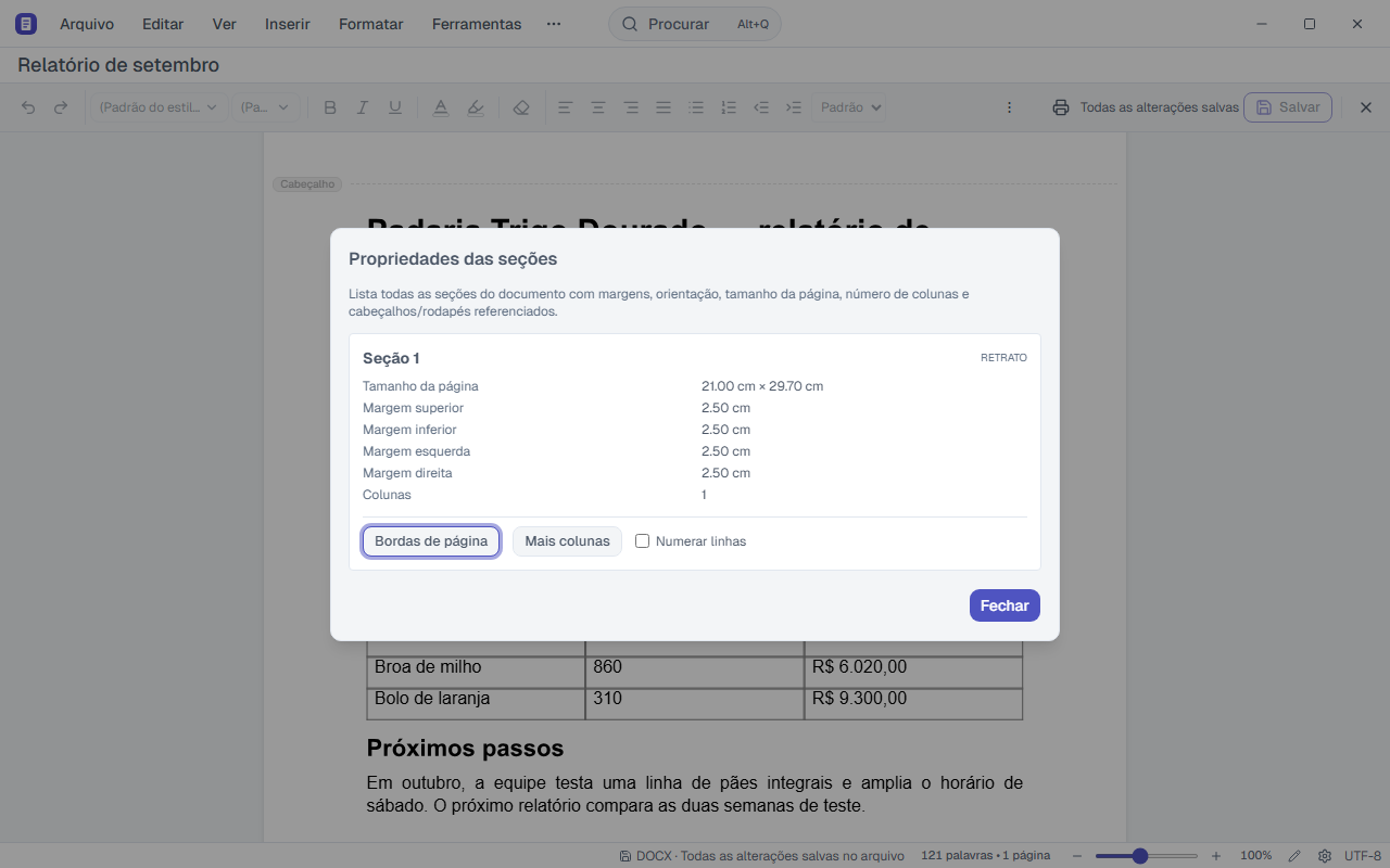 Diálogo Propriedades das seções, com tamanho da página, orientação e margens.