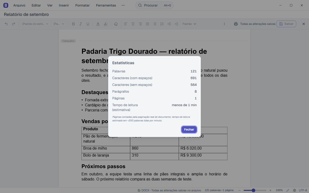 Diálogo Estatísticas do documento com o número de palavras e páginas.