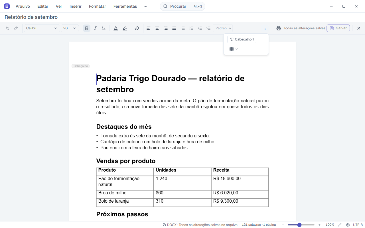 Barra do Draft com o menu ⋮ aberto, mostrando a galeria de estilos no estilo do título e a galeria de tabelas.