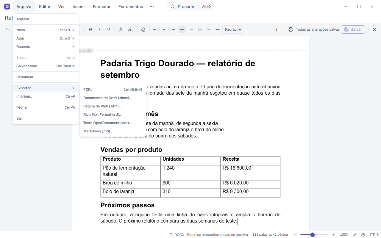 Submenu Arquivo › Exportar com PDF, .docx, .html, .rtf, .odt e .md.