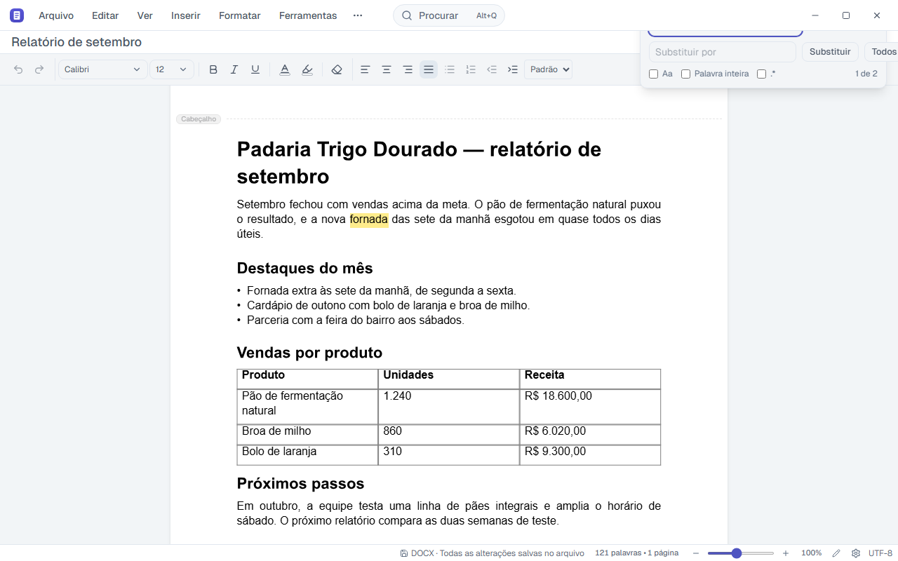 Diálogo Localizar e substituir aberto sobre o documento.