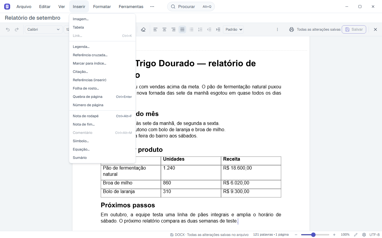 Menu Inserir aberto no Draft, com Imagem, Tabela, Link, Sumário, Nota de rodapé, Símbolo e Equação.