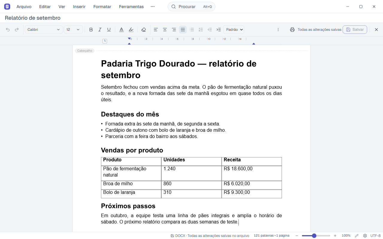 Draft com um relatório aberto: barra de formatação no topo, régua e página.