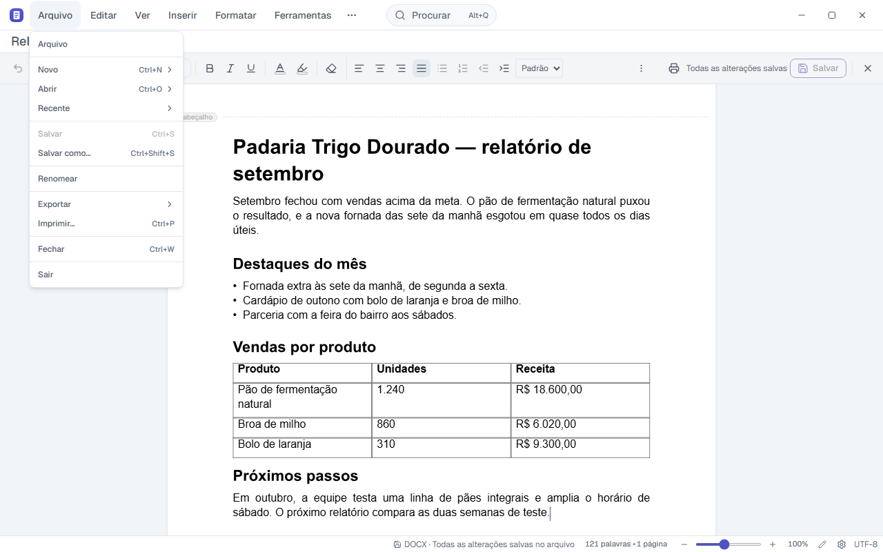 Menu Arquivo aberto no Draft, com Novo, Abrir, Recente, Salvar, Exportar e Imprimir.