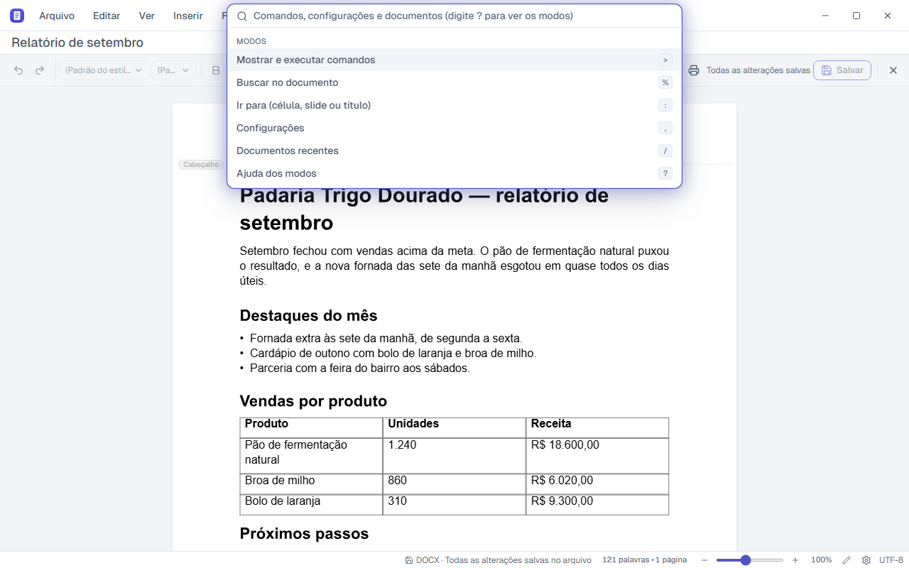 Barra de comandos aberta no Draft, com a lista de modos e comandos.