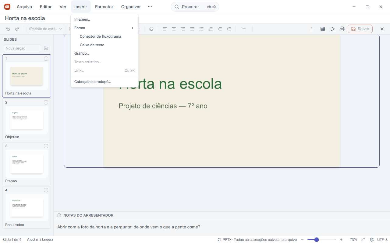 Menu Inserir aberto no Deck, com Imagem, Forma, Caixa de texto, Gráfico e Link.