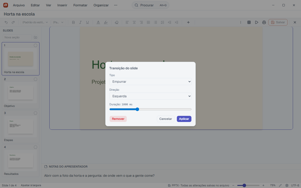 Diálogo Transição do slide com tipo, direção e duração.